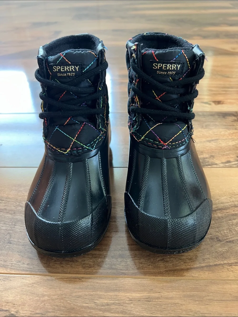 Sperry Girls Port Boot Black Rainbow Quilted Rain Snow Boots Toddler Size 9M NIB